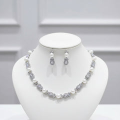 CUBIC ZIRCONIA COLLECTION - LUXE PEARL NECKLACE SET - CZNK 272 SILVER