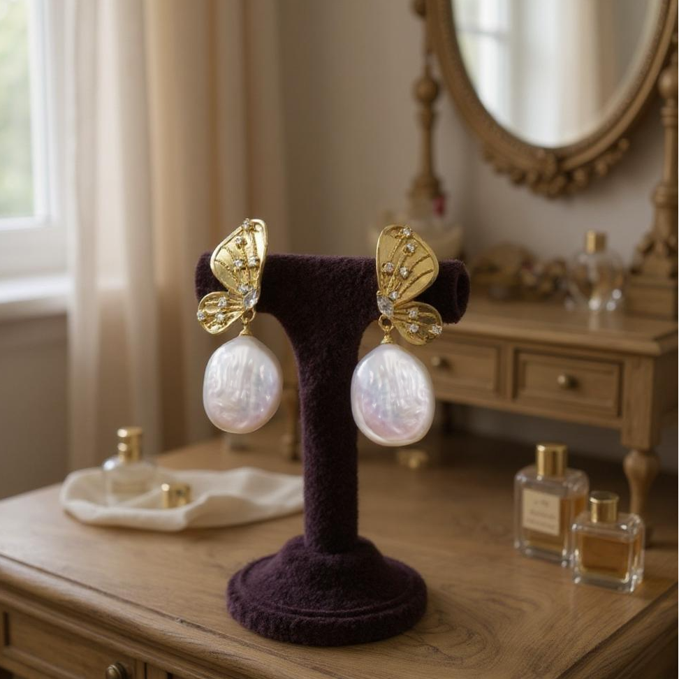 CUBIC ZIRCONIA COLLECTION - EXQUISITE BAROQUE PEARL EARRINGS - CZER917 GOLD