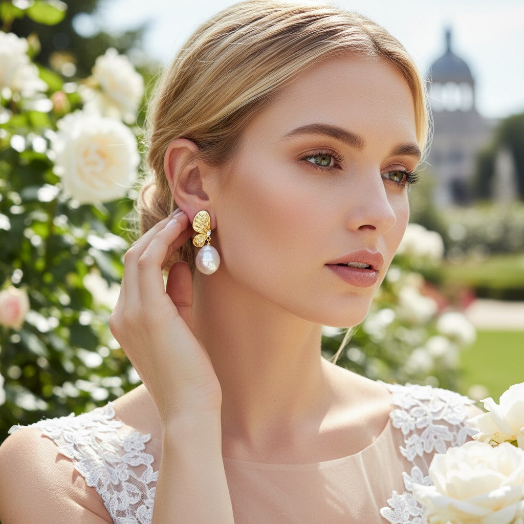 CUBIC ZIRCONIA COLLECTION - EXQUISITE BAROQUE PEARL EARRINGS - CZER917 GOLD