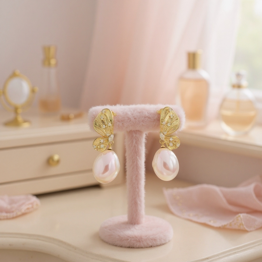 CUBIC ZIRCONIA COLLECTION - EXQUISITE BAROQUE PEARL EARRINGS - CZER917 PINK