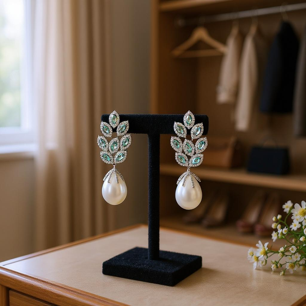 CUBIC ZIRCONIA COLLECTION - VINTAGE INSPIRED PEACOCK FEATHER DROP EARRINGS - CZER918