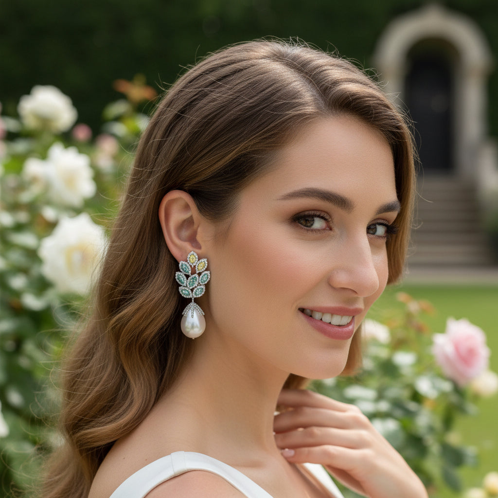 CUBIC ZIRCONIA COLLECTION - VINTAGE INSPIRED PEACOCK FEATHER DROP EARRINGS - CZER918