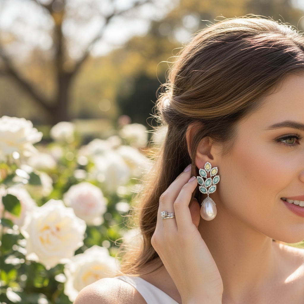 CUBIC ZIRCONIA COLLECTION - VINTAGE INSPIRED PEACOCK FEATHER DROP EARRINGS - CZER918