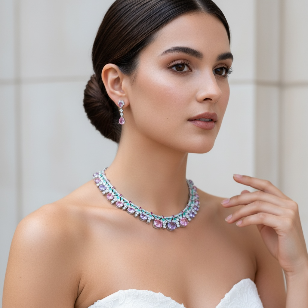 CUBIC ZIRCONIA COLLECTION - ART DECO NECKLACE SET - MULTI CZNK273