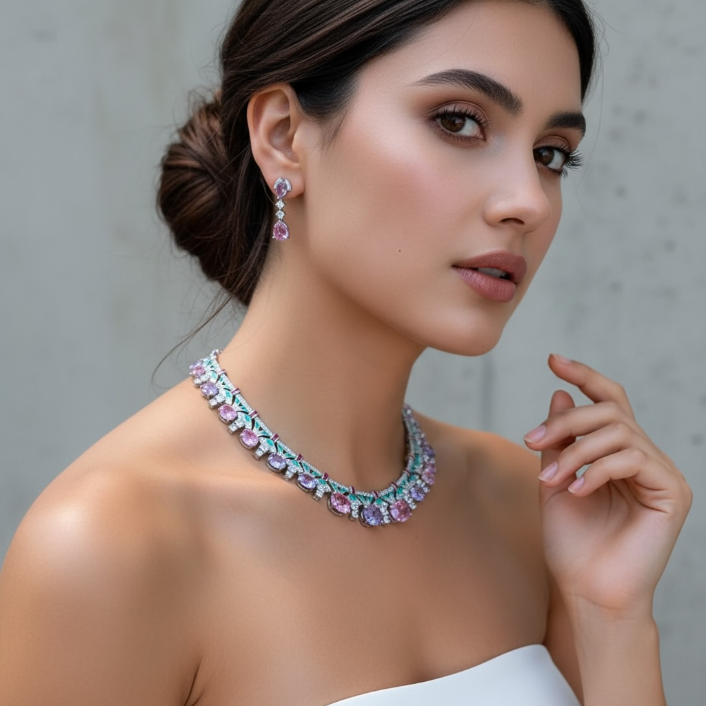 CUBIC ZIRCONIA COLLECTION - ART DECO NECKLACE SET - MULTI CZNK273