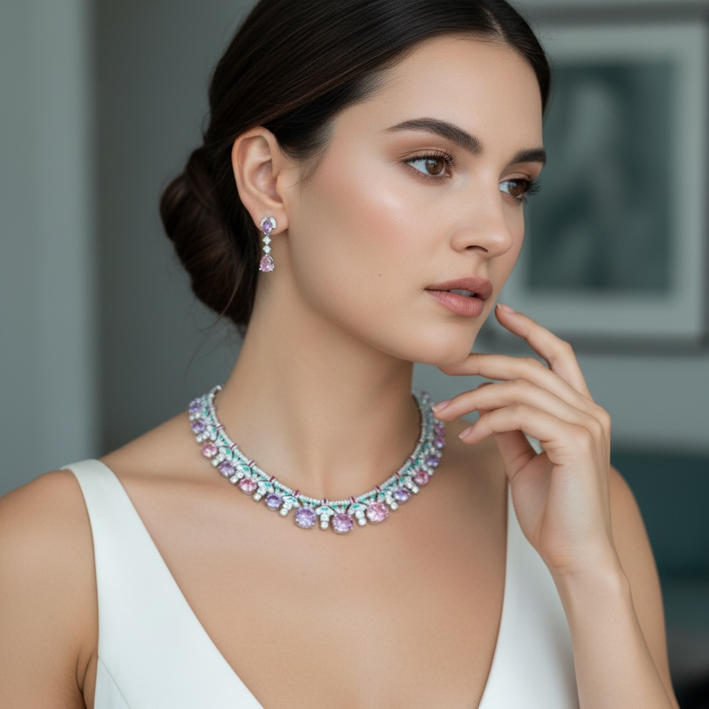 CUBIC ZIRCONIA COLLECTION - ART DECO NECKLACE SET - MULTI CZNK273