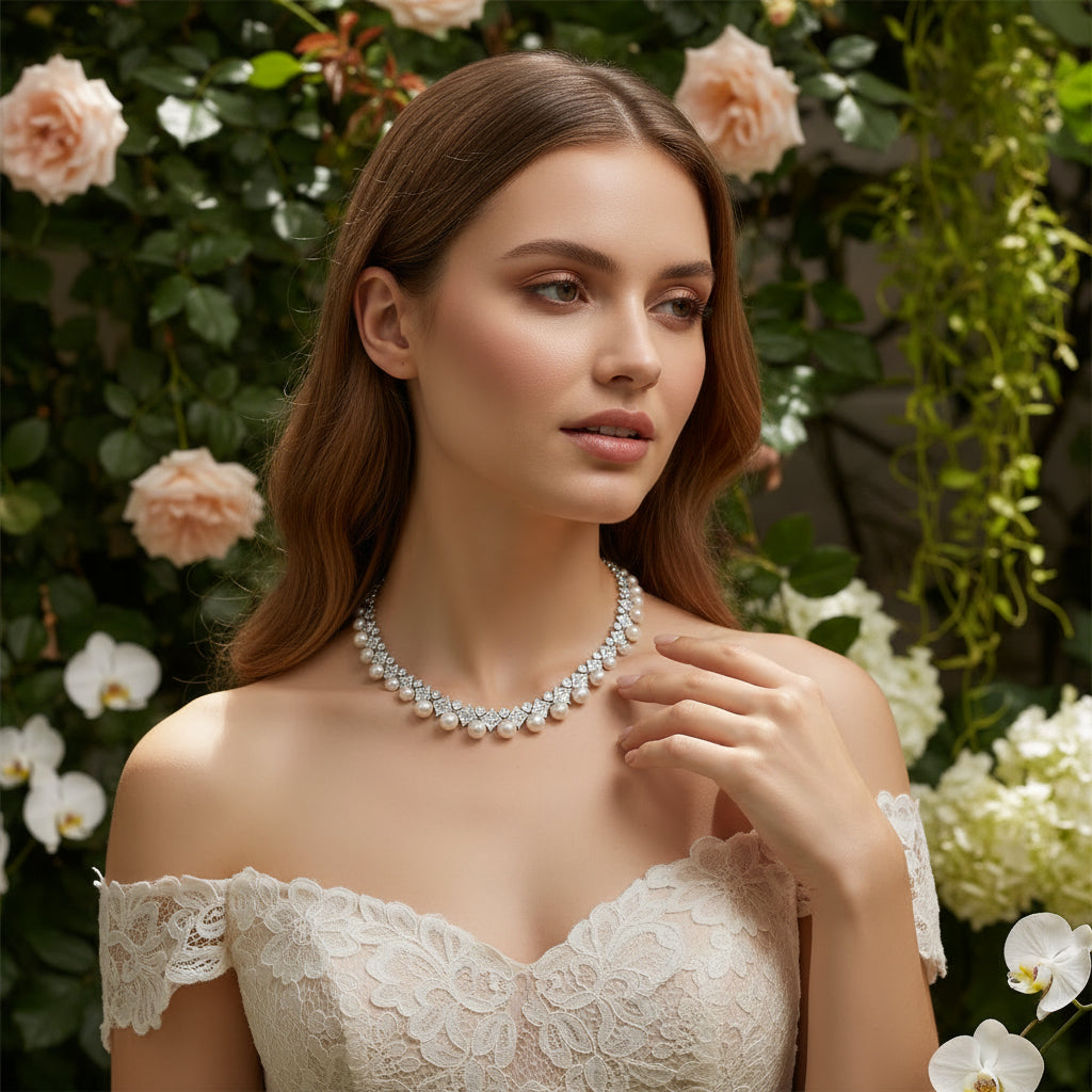 CUBIC ZIRCONIA COLLECTION - LUXE PEARL NECKLACE SET - CZNK274 SILVER