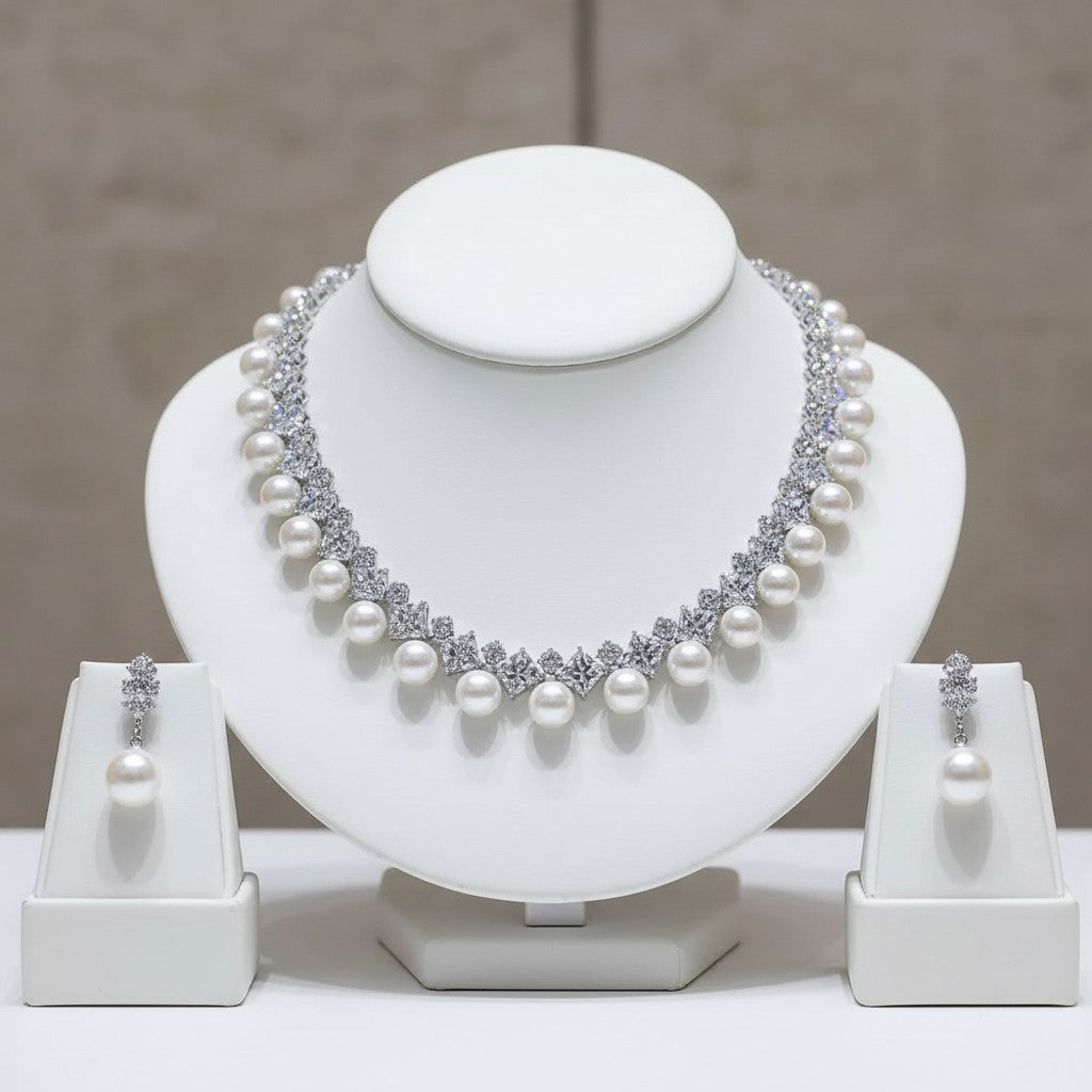CUBIC ZIRCONIA COLLECTION - LUXE PEARL NECKLACE SET - CZNK274 SILVER