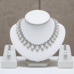 CUBIC ZIRCONIA COLLECTION - LUXE PEARL NECKLACE SET - CZNK274 SILVER