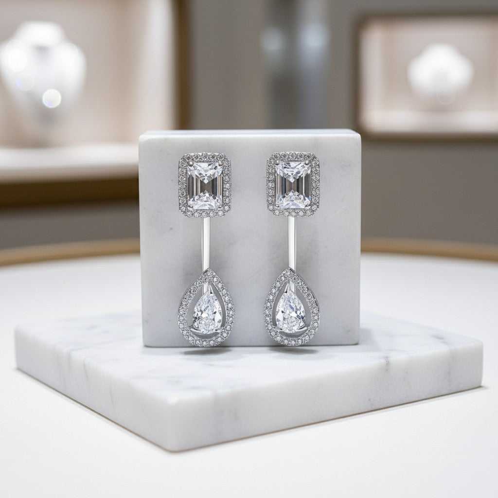 CUBIC ZIRCONIA COLLECTION - ART DECO DROP EARRINGS - CZER921 SILVER