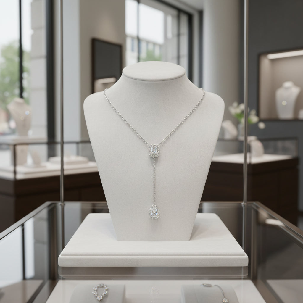 CUBIC ZIRCONIA COLLECTION - ART DECO DROP NECKLACE - CZNK276 SILVER