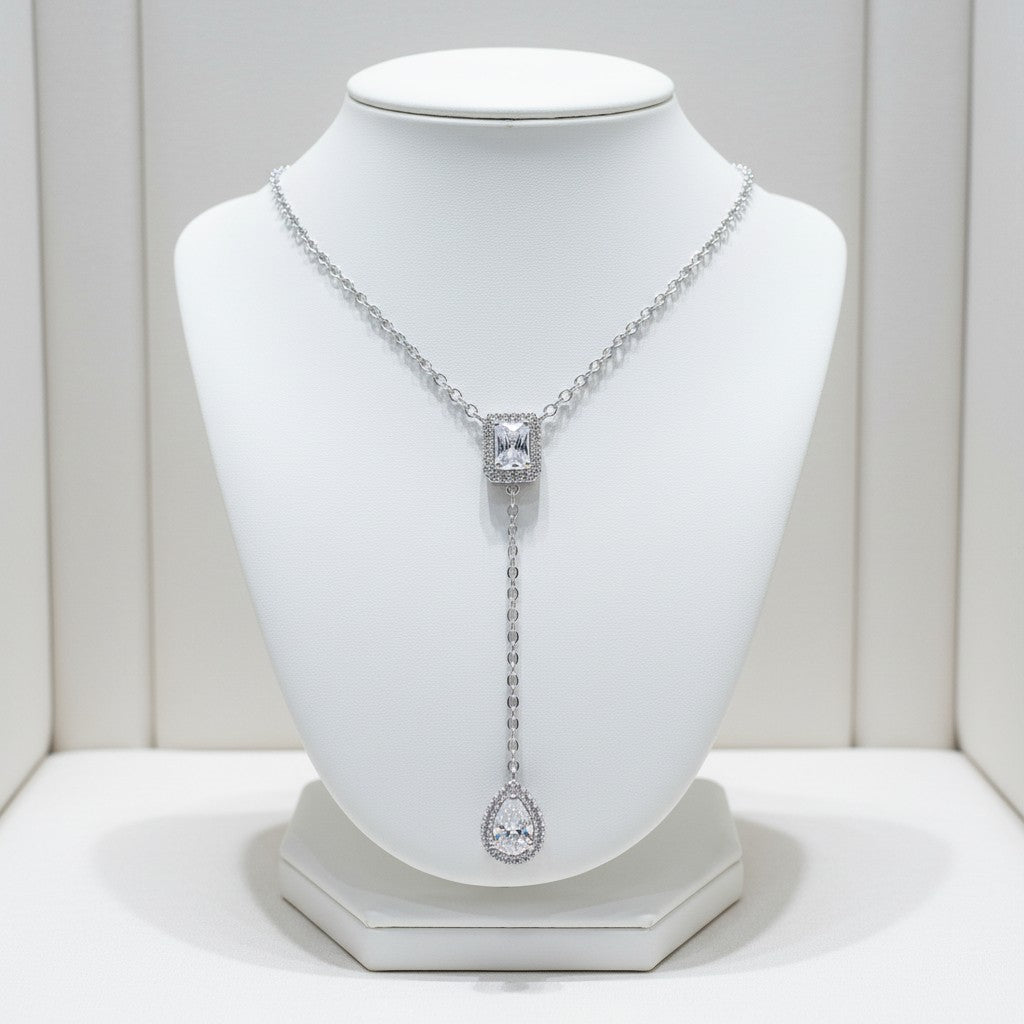 CUBIC ZIRCONIA COLLECTION - ART DECO DROP NECKLACE - CZNK276 SILVER