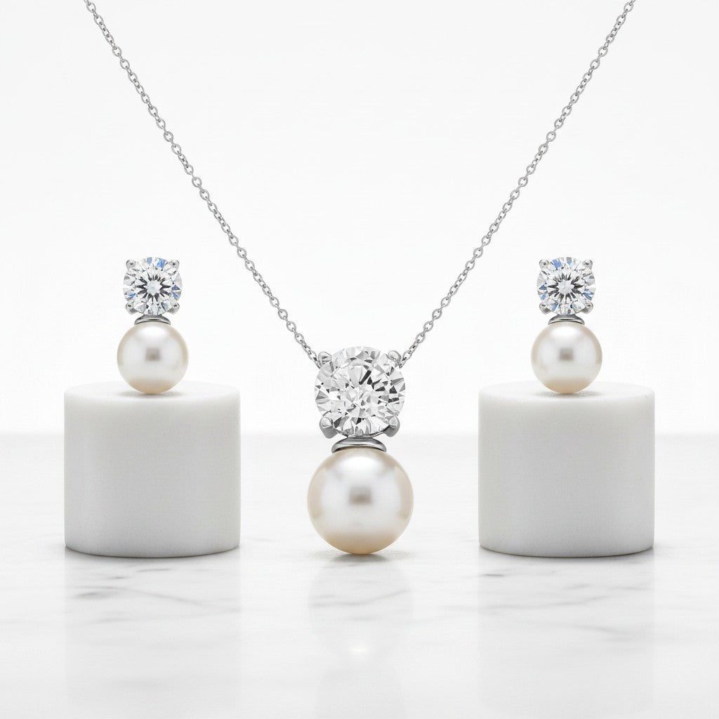 Cubic Zirconia - Elegance Pearl Necklace Set - CZNK14