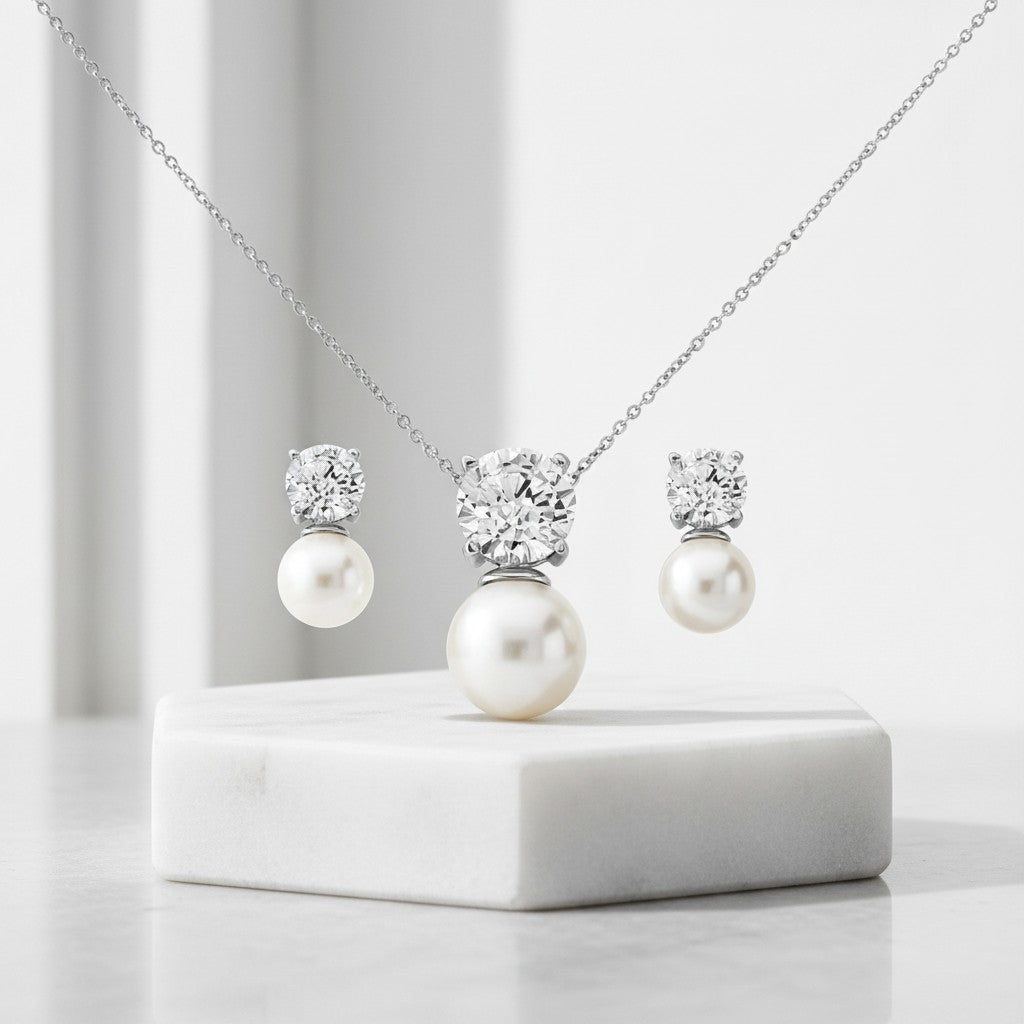 Cubic Zirconia - Elegance Pearl Necklace Set - CZNK14