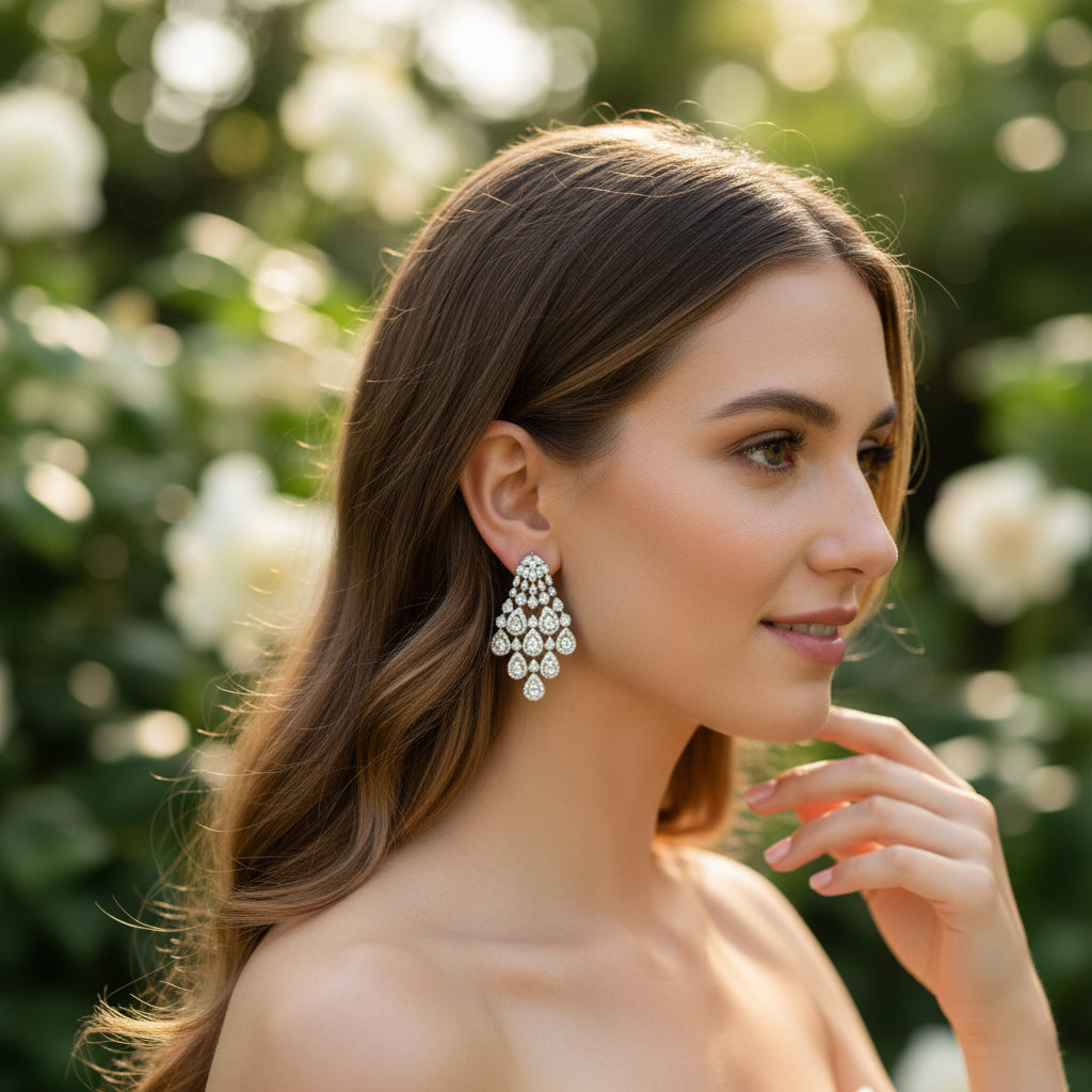 CUBIC ZIRCONIA COLLECTION - DECO GLAM DROP EARRINGS - CZER928 SILVER