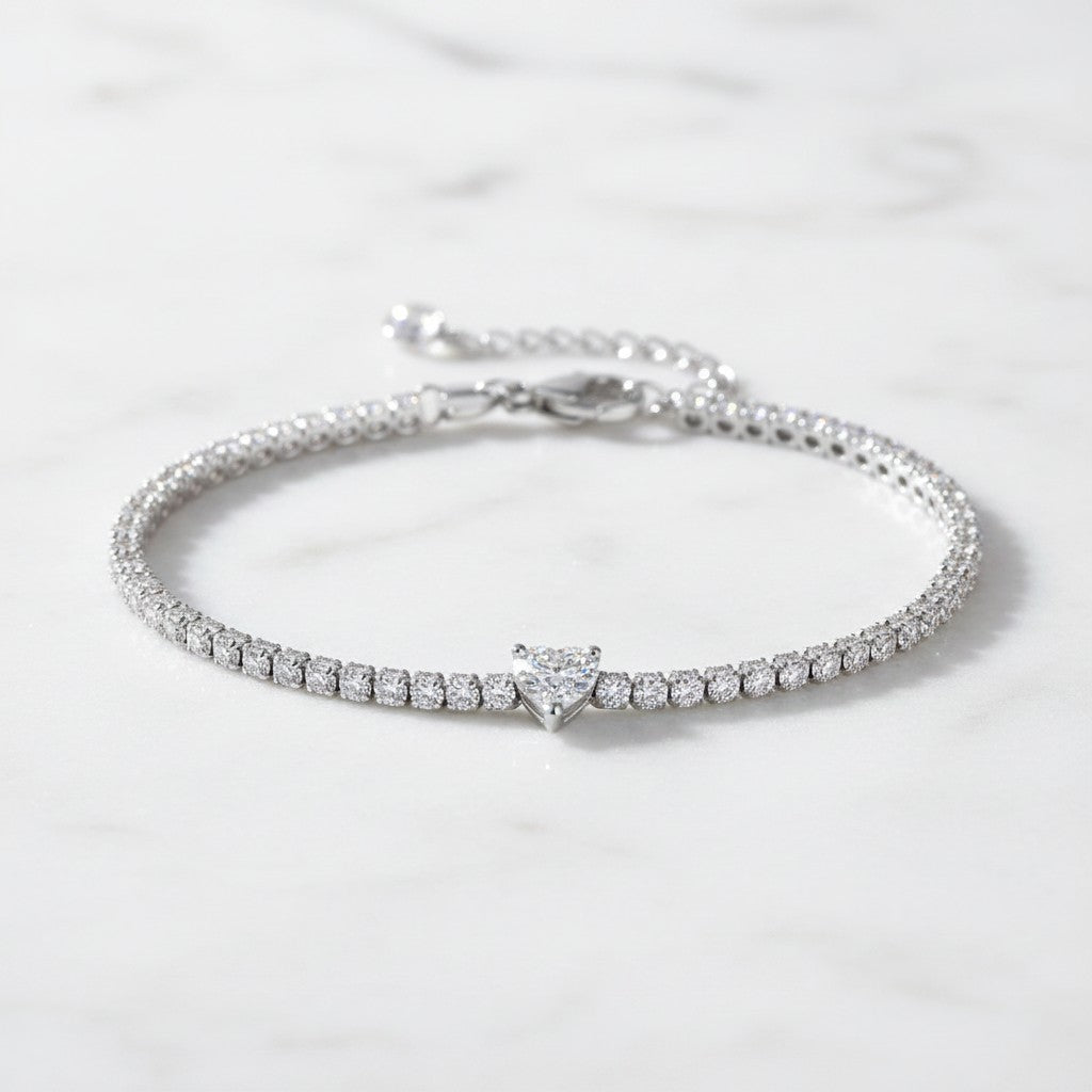 CUBIC ZIRCONIA COLLECTION - EXQUISITE HEART BRACELET - STERLING SILVER