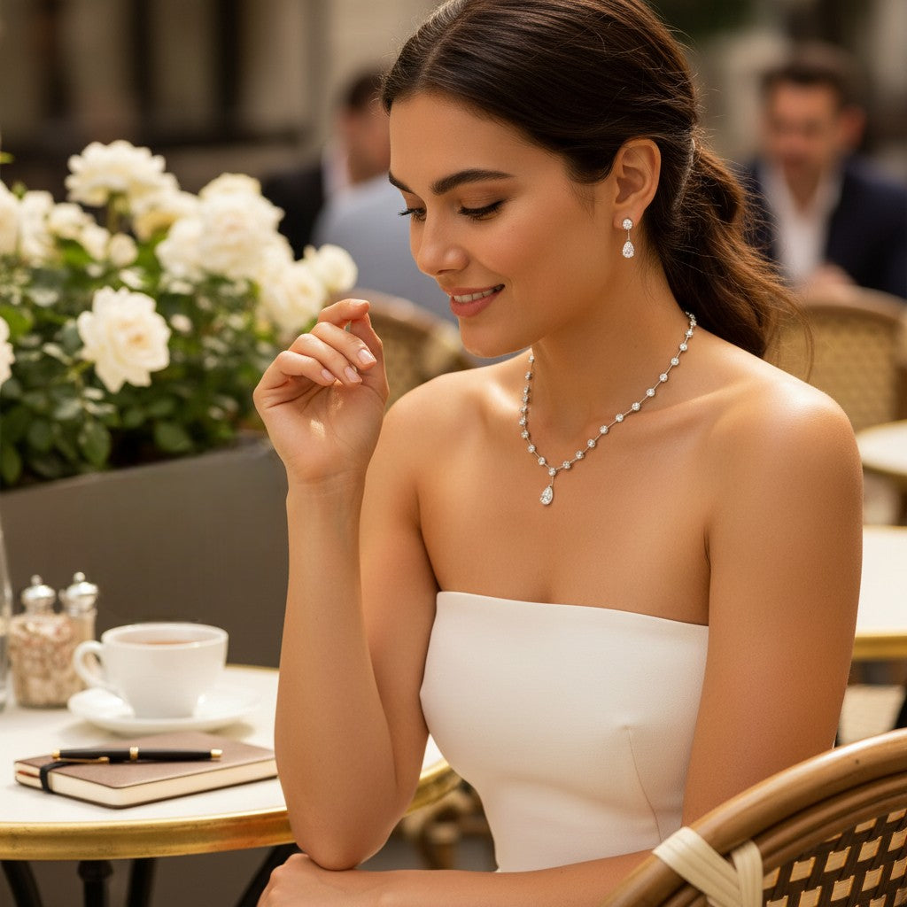 CUBIC ZIRCONIA COLLECTION - DAINTY STARLET NECKLACE SET - CZNK281 SILVER