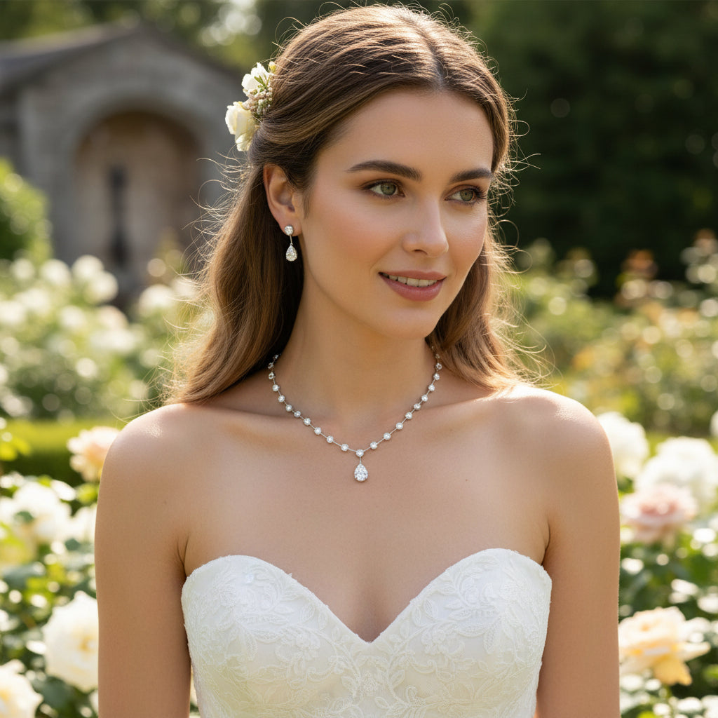 CUBIC ZIRCONIA COLLECTION - DAINTY STARLET NECKLACE SET - CZNK281 SILVER