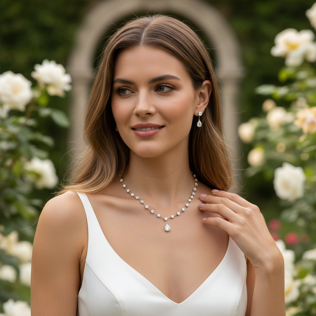 CUBIC ZIRCONIA COLLECTION - DAINTY STARLET NECKLACE SET - CZNK281 SILVER