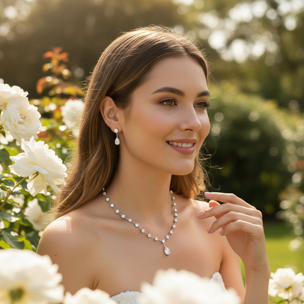 CUBIC ZIRCONIA COLLECTION - DAINTY STARLET NECKLACE SET - CZNK281 SILVER