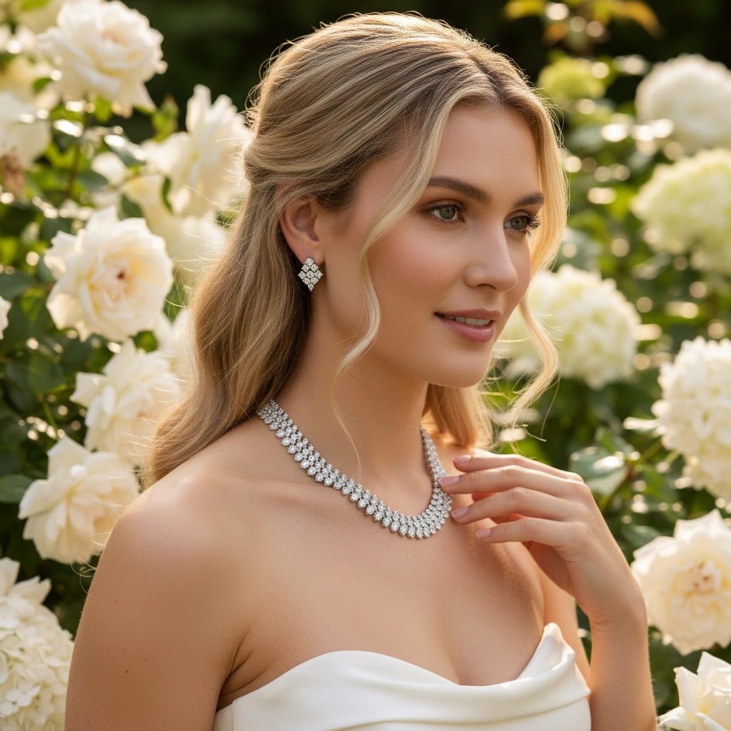 CUBIC ZIRCONIA COLLECTION - EXQUISITE SPARKLE NECKLACE SET - CZNK284 SILVER
