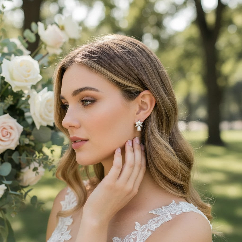 Cubic Zirconia Collection - Pretty Chic Pearl Earrings - CZER339