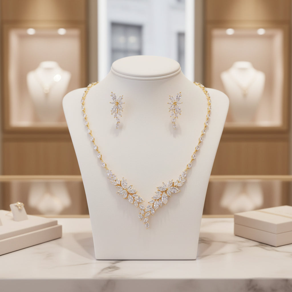 CUBIC ZIRCONIA COLLECTION - CRYSTAL ALLURE NECKLACE SET - CZNK228 - GOLD