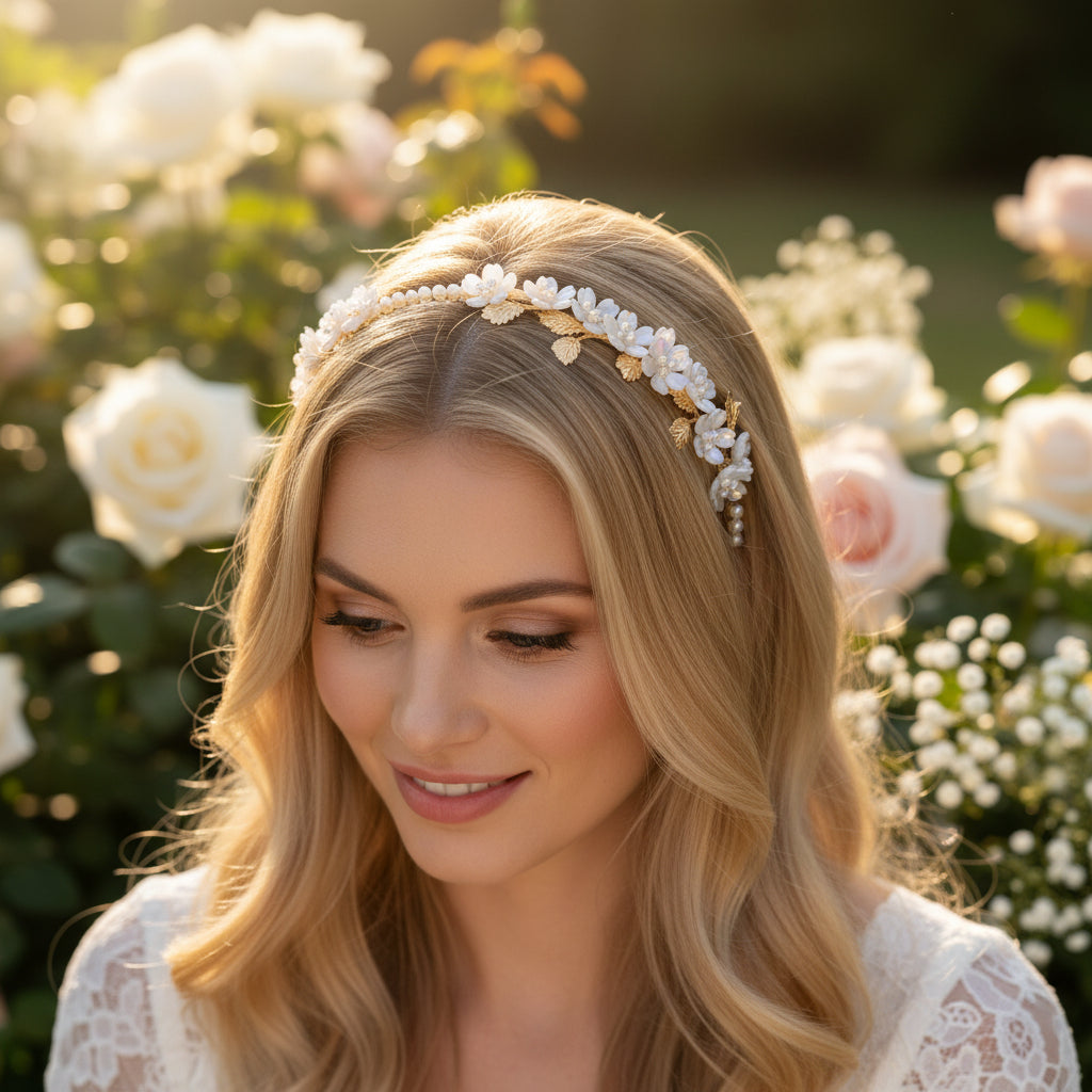 ATHENA COLLECTION - DAINTY PEARL HEADBAND - AHB243 GOLD