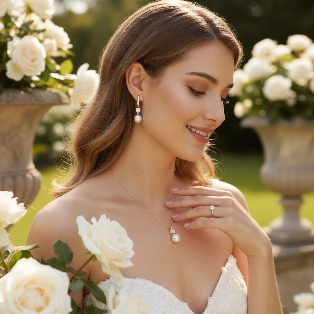 CUBIC ZIRCONIA COLLECTION - BEJEWELLED PEARL NECK SET -CZNK287 GOLD