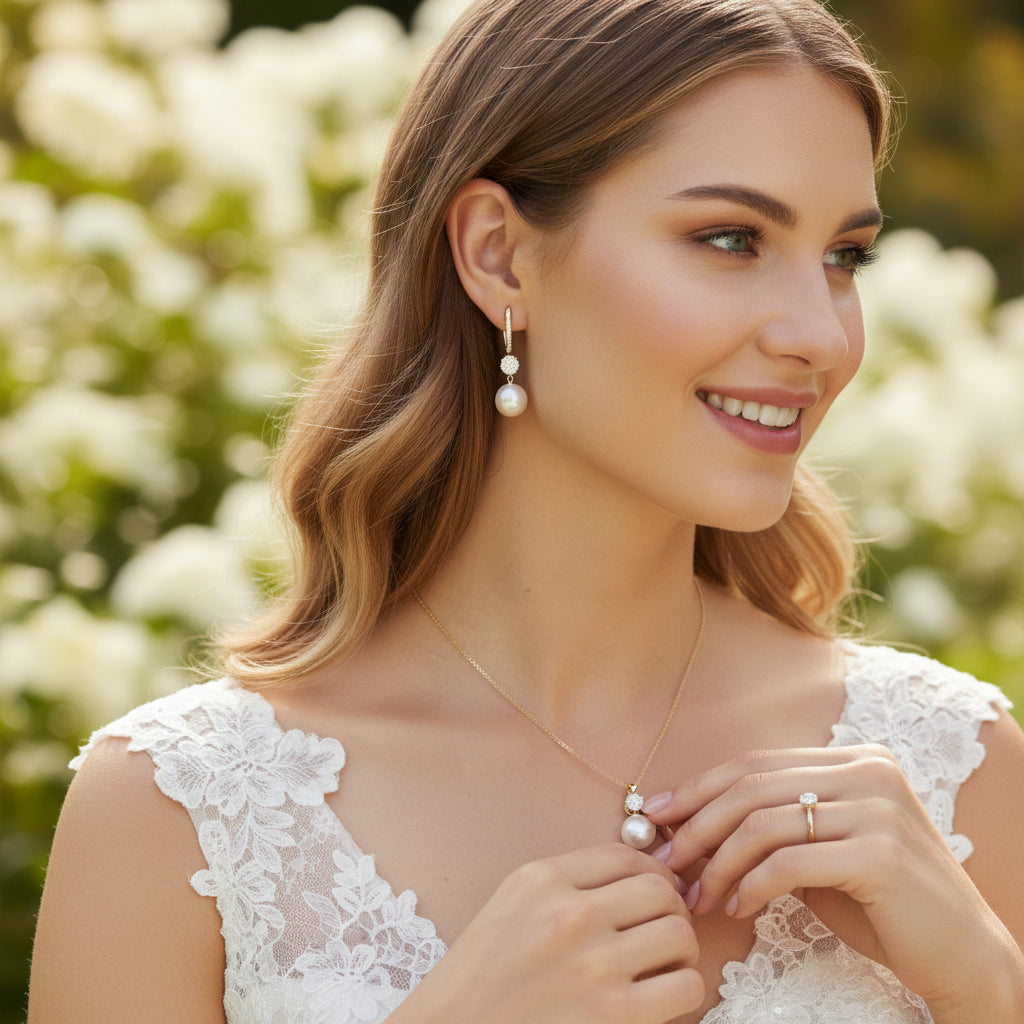 CUBIC ZIRCONIA COLLECTION - BEJEWELLED PEARL NECK SET -CZNK287 GOLD