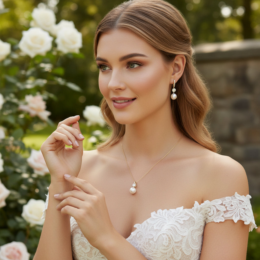 CUBIC ZIRCONIA COLLECTION - BEJEWELLED PEARL NECK SET -CZNK287 GOLD