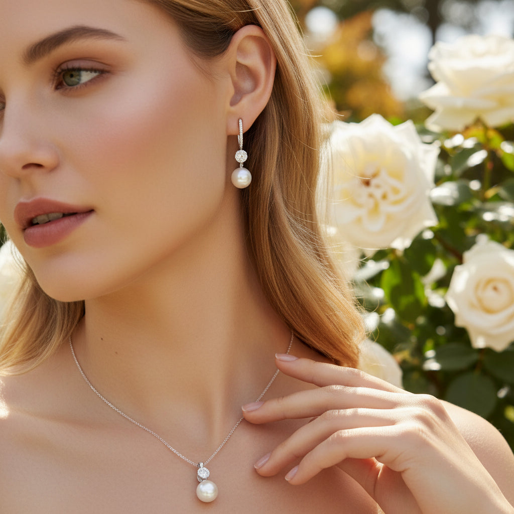 CUBIC ZIRCONIA COLLECTION - BEJEWELLED PEARL NECK SET -CZNK287 SILVER