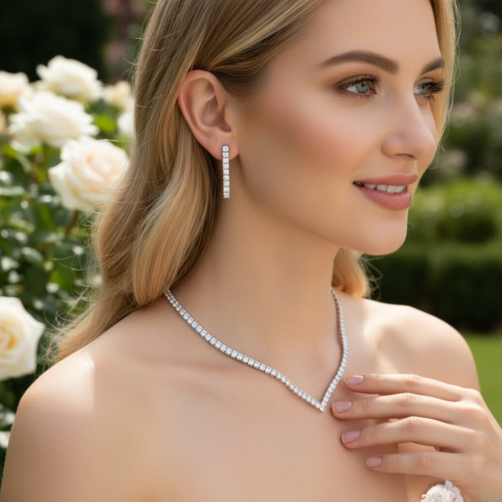 CUBIC ZIRCONIA COLLECTION - CHIC CRYSTAL NECKLACE SET - CZNK288 SILVER
