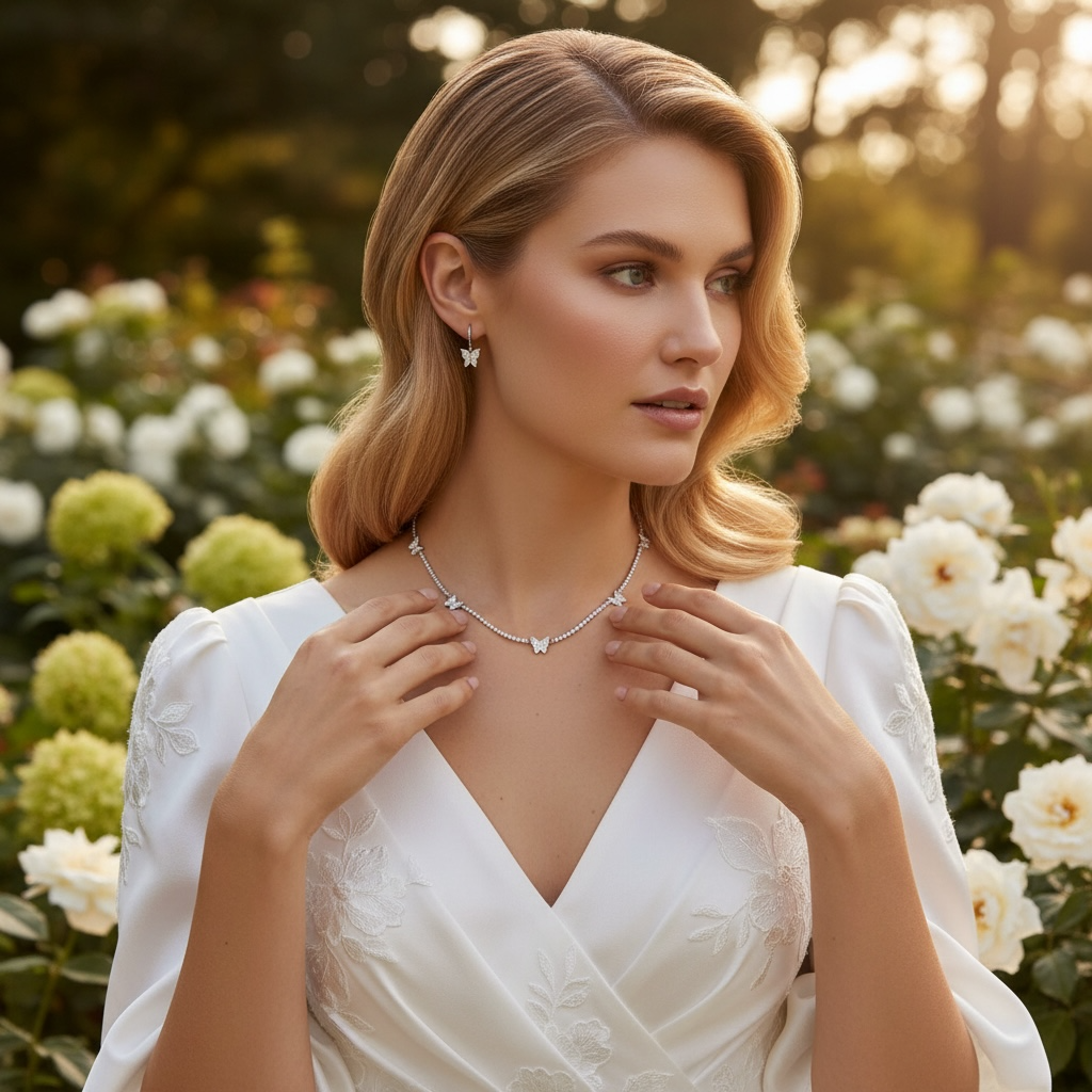 CUBIC ZIRCONIA COLLECTION - EXQUISITE CRYSTAL BUTTERFLY NECKLACE SET - SILVER