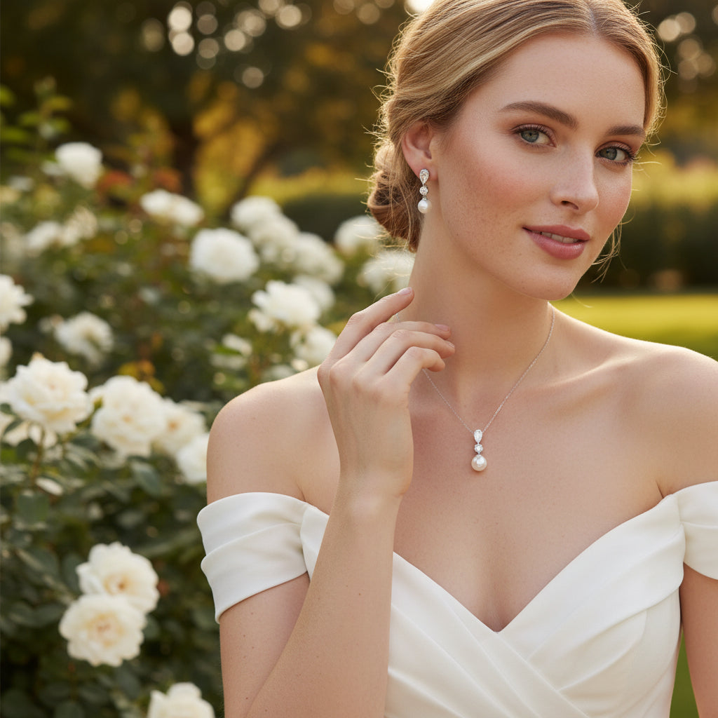 CUBIC ZIRCONIA COLLECTION - LUXE PEARL DROP NECKLACE SET - CZNK290