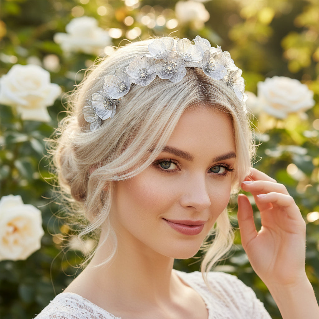 ATHENA COLLECTION - STYLISH FLOWER HEADBAND - SILVER AHB247