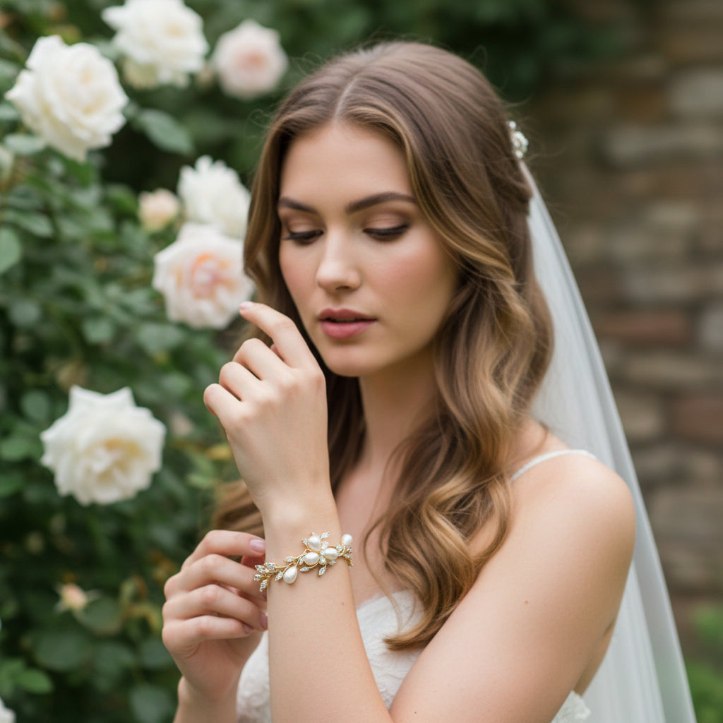 CUBIC ZIRCONIA - CHIC PEARL BRACELET - GOLD (BRA5)