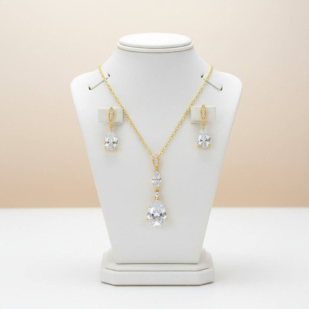 Cubic Zirconia Collection - Gold Shimmer Necklace Set - NK1