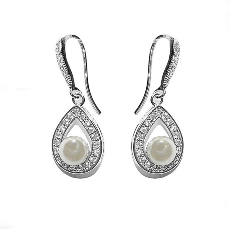Cubic Zirconia Earrings - Precious Pearl Earrings - Silver -CZER306