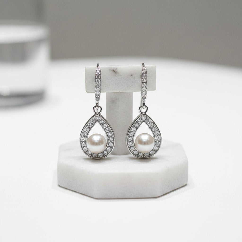 Cubic Zirconia Earrings - Precious Pearl Earrings - Silver -CZER306