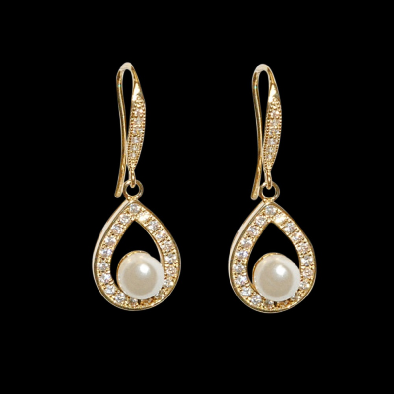 Cubic Zirconia Earrings - Precious Pearl Earrings - Gold -CZER306
