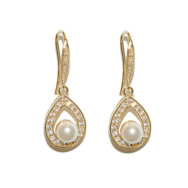 Cubic Zirconia Earrings - Precious Pearl Earrings - Gold -CZER306
