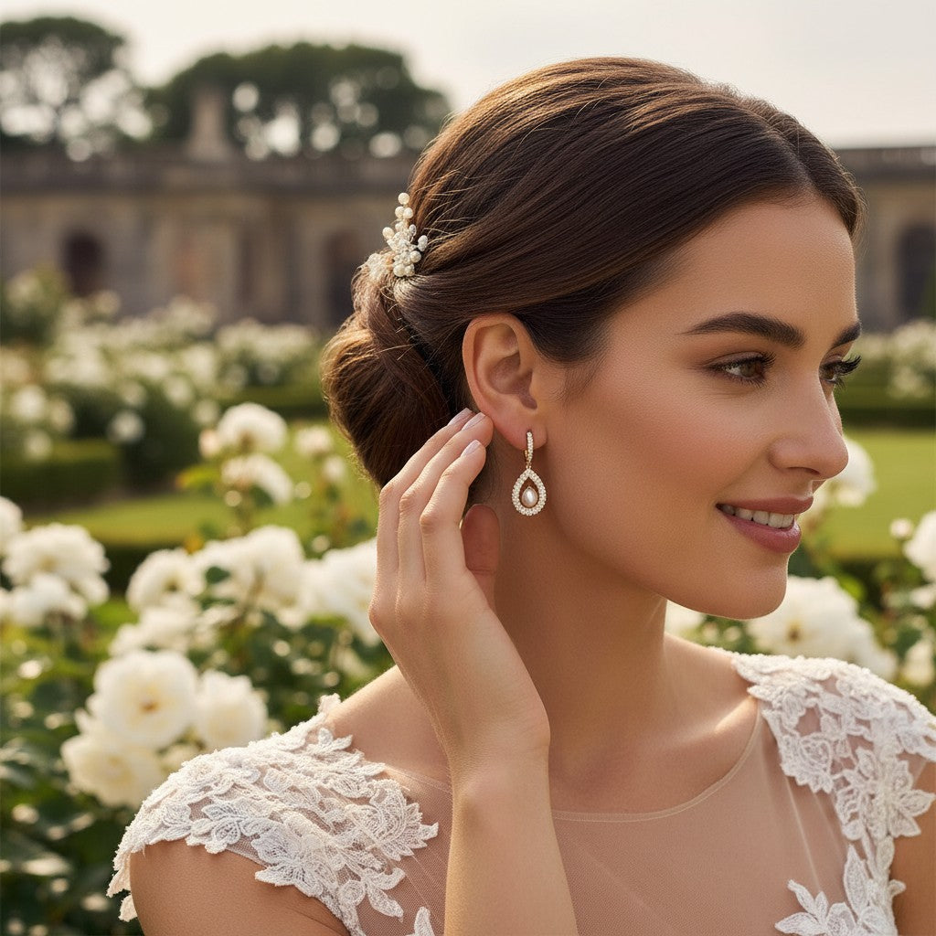 Cubic Zirconia Earrings - Precious Pearl Earrings - Gold -CZER306