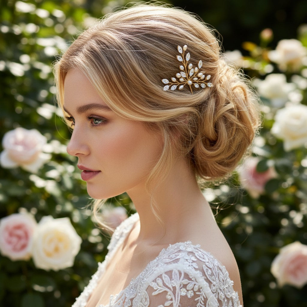 GOLD ELODIE CRYSTAL PEARL HAIR PIN - SASSB (HP44-GOLD) PAIR