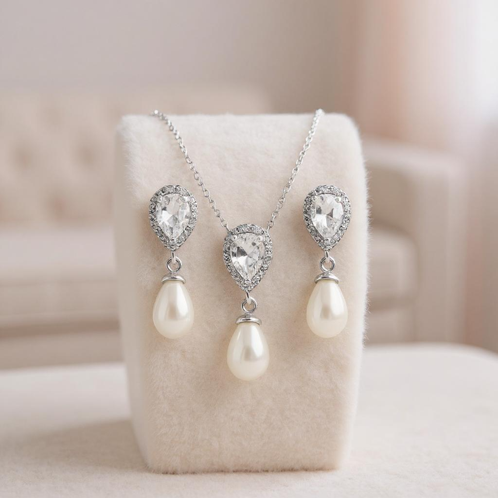 Cubic Zirconia Collection - Elegance Pearl Necklace Set - CZNK30
