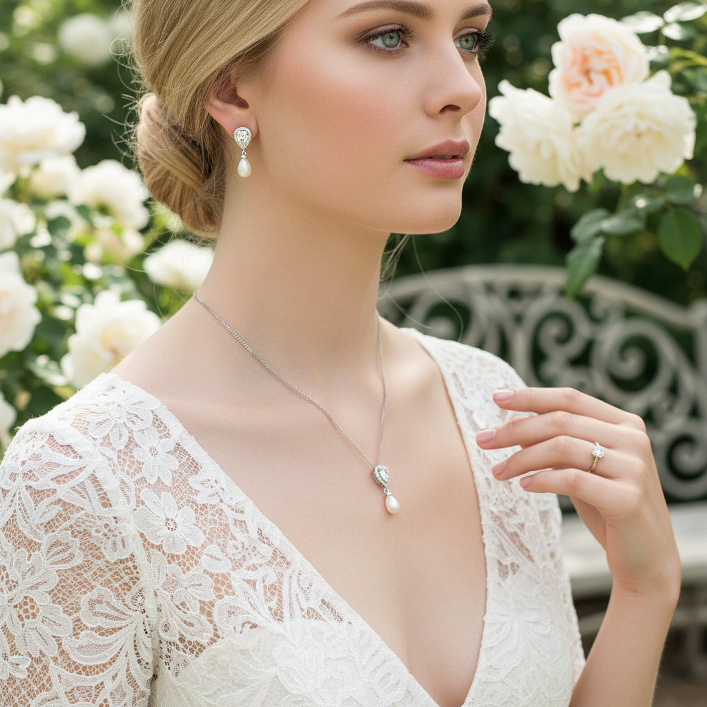 Cubic Zirconia Collection - Elegance Pearl Necklace Set - CZNK30