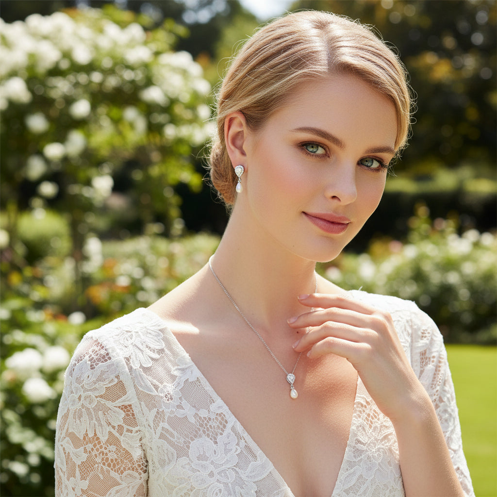 Cubic Zirconia Collection - Elegance Pearl Necklace Set - CZNK30