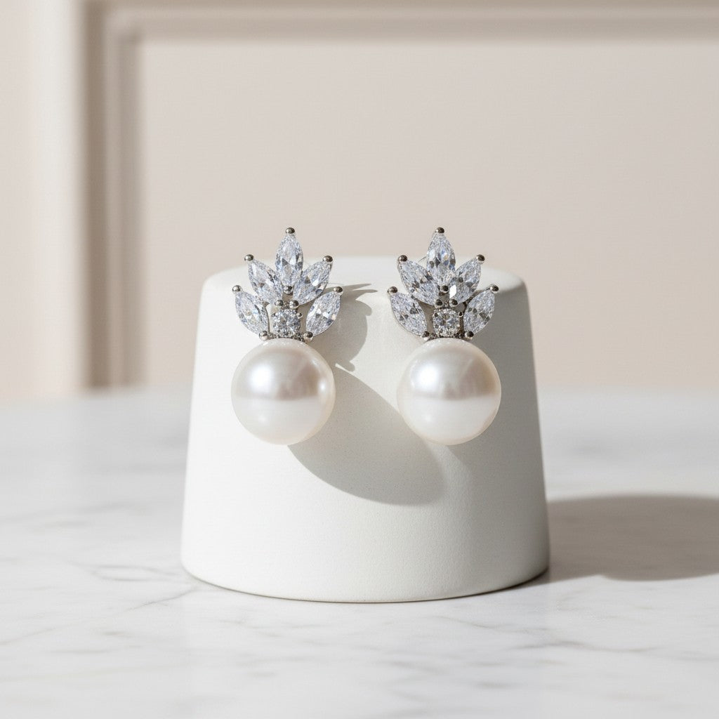 Cubic Zirconia Collection - Pearl Sparkle Earrings - CZER367