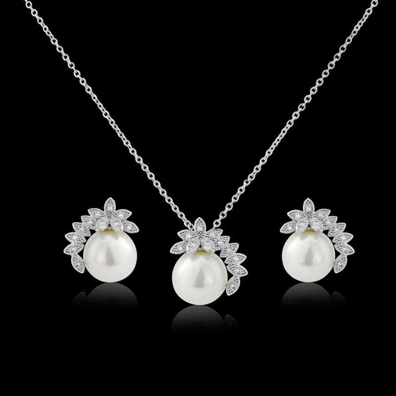 Cubic Zirconia Collection - Chic Pearl Necklace Set -CZNK42