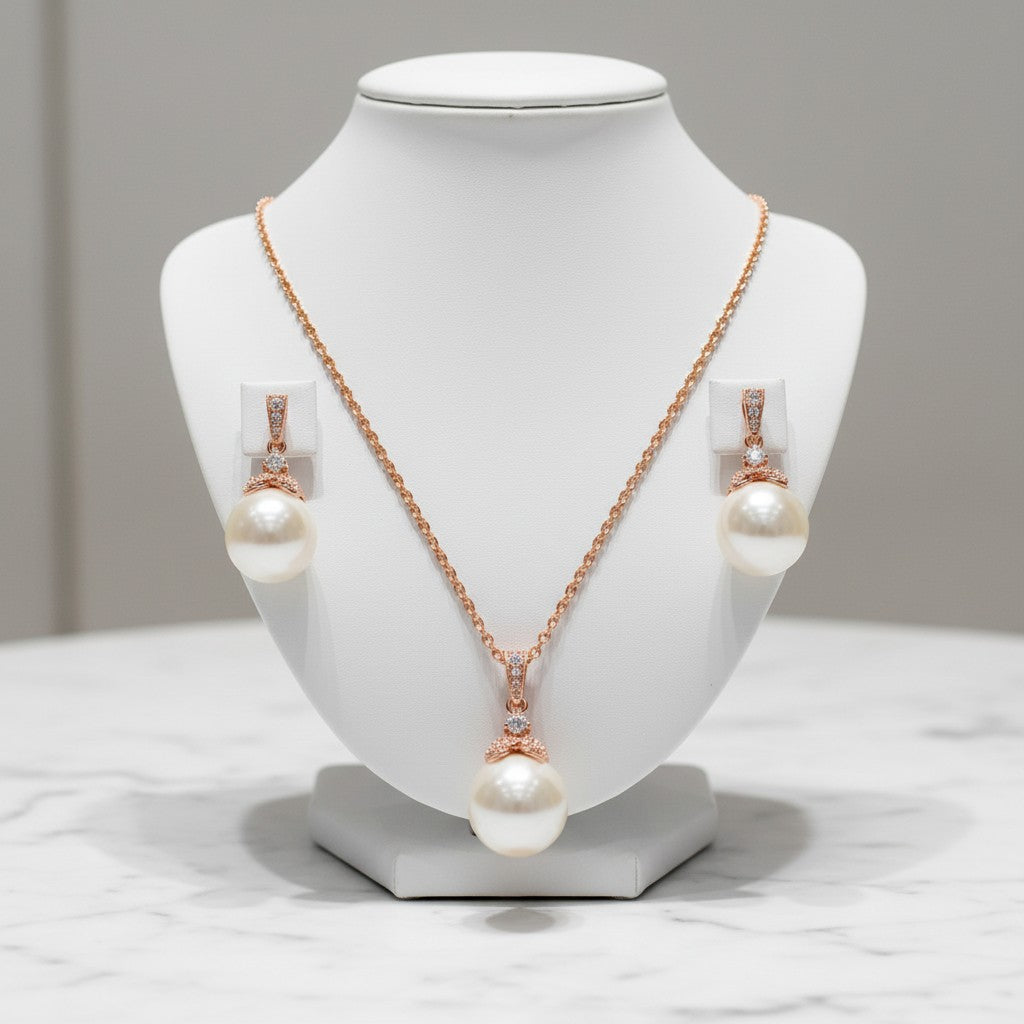 Cubic Zirconia Collection - Rose gold - Precious Pearl Necklace Set - (ROSE GOLD) NK4